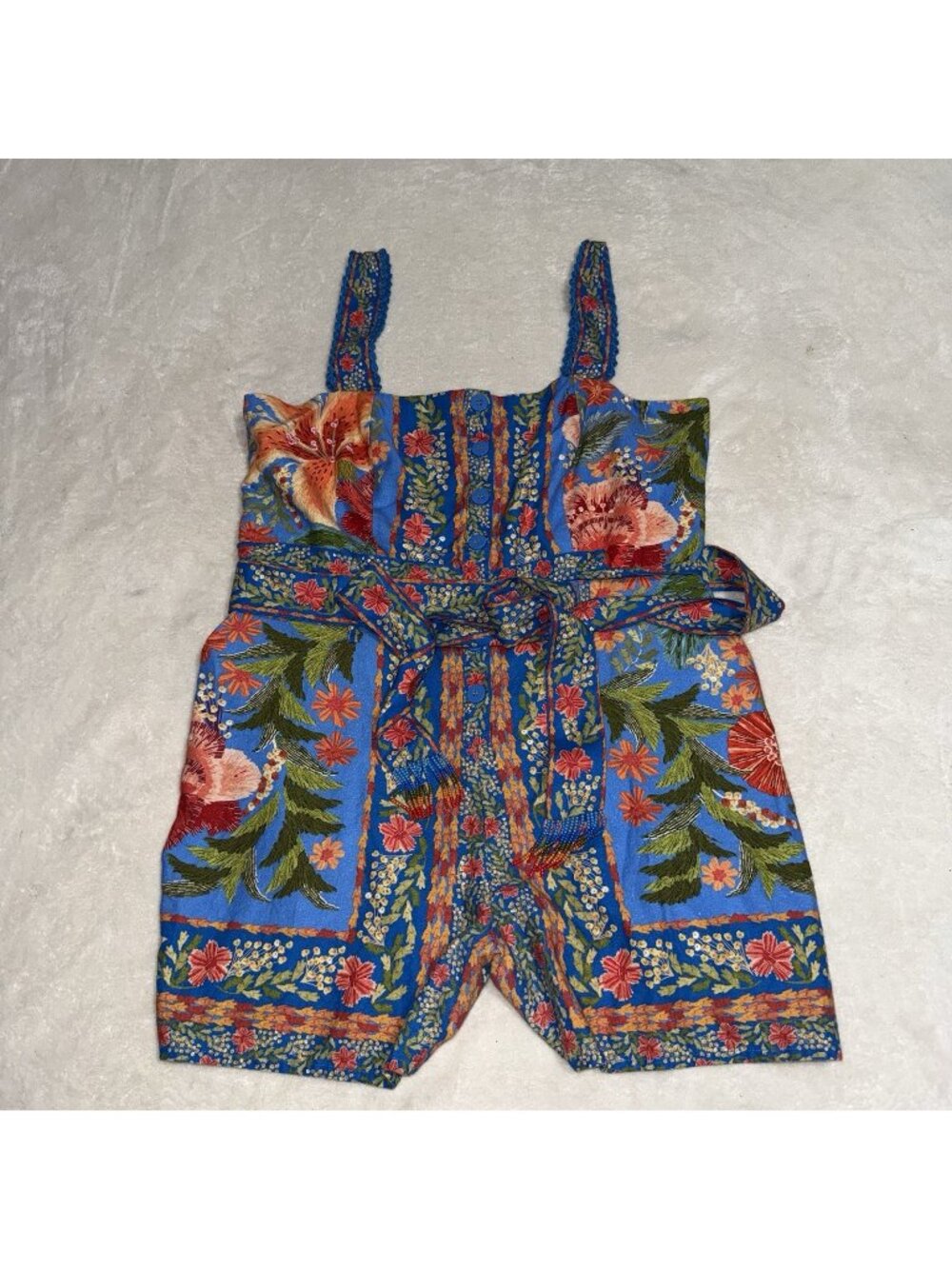 FARM Rio Womens XL Floral Tropical Belted Button Front Romper Blue Multicolor